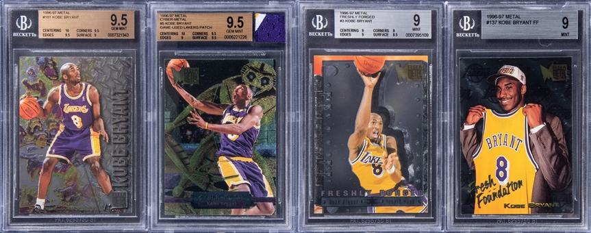 Lot Of (4) 1996-97 Metal Kobe Bryant Rookie Card - Featuring "Cyber Metal" Insert with Game-Used Jersey Patch